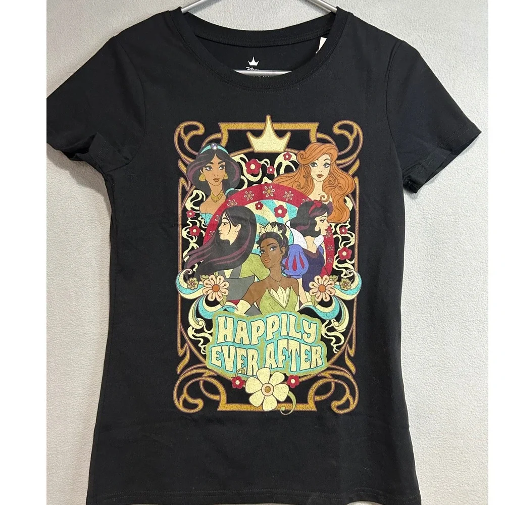 Disney Princess‎ T-Shirt Girls Medium Black Happily Ever After Graphic Tee NEW